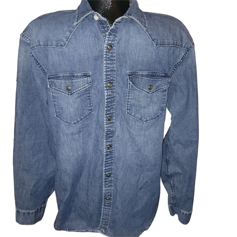Old Navy Men's Classic Blue Snap Button Slim Fit Denim Shirt Size XL